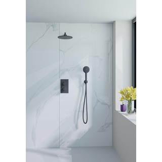 Fortifura Calvi Ensemble de douche pluie encastrable - thermostatique - bras mural - pommeau 25cm - douchette ronde - flexible lisse - Noir mat