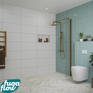 FugaFlow Eccelente Vetro inloopdouche badkamer - 30x200cm - ribbelglas - wandarm - geborsteld koper