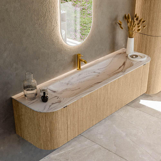 MONDIAZ KURVE-DLUX 170cm badmeubel ronding Links + Rechts kleur Oak met 1 lade en 2 deuren. Wastafel BIG LARGE Midden 1 kraangat Nata.