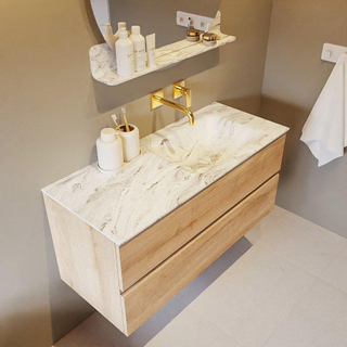 Mondiaz VICA-DLUX ensemble de meuble de salle de bain - 110cm - meuble sous-vasque chêne blanchi - 2 tiroirs - lavabo encastré cloud droite - sans trous de robinet - version haute de 60cm - glace