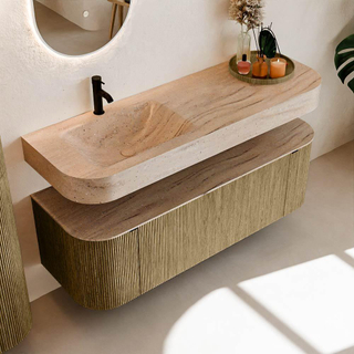 MONDIAZ THOR-DLUX 140cm meuble de salle de bains arrondi gauche + droite couleur Dusk avec 1 tiroir et 2 portes. Vasque suspendue CLOUD gauche 1 trou de robinet couleur Saba.