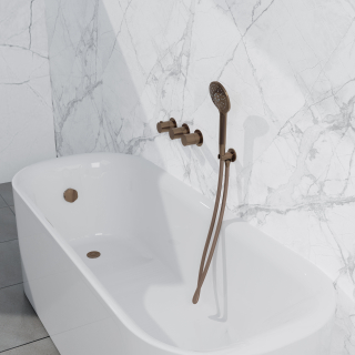 Fortifura Nebbio Ensemble combiné bain - robinet thermostatique - coude mural avec support de douchette - flexible de douche métallique - douchette ronde - Remplissage-vidage de baignoire - cuivre brossé PVD (cuivre)