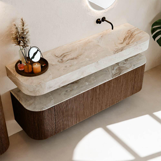 MONDIAZ THOR-DLUX 160cm meuble de salle de bains arrondi gauche + droite couleur Walnut avec 1 tiroir et 2 portes. Vasque suspendue CLOUD droite sans trou de robinet couleur Frappe.