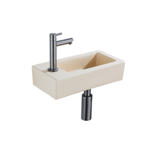 QeramiQ Fuente Fonteinset - 37.5x18.5x9cm - keramiek - kraangat links - fonteinkraan gunmetal - afvoerplug - verlaagd sifon - Mat Beige