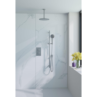 Fortifura Calvi Ensemble de douche pluie encastrable - thermostatique - bras plafond - pommeau 25cm - barre curseur - douchette ronde - flexible lisse - Inox brossé