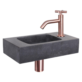 Differnz Force kit lave-mains - 40x22x9cm - Rectangulaire - 1 trou de robinet - Robinet en cuivre rose courbé - poignée croix - Pierre naturelle noire