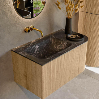 MONDIAZ KURVE-DLUX 85cm Meuble salle de bain avec module 25 D - couleur Oak - 1 tiroir - 1 porte - vasque CLOUD gauche - sans trou de robinet - couleur Lava