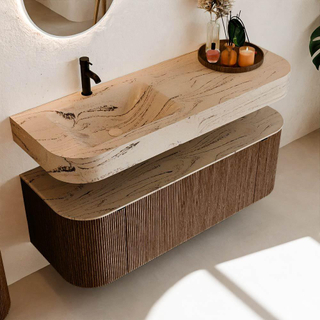 MONDIAZ THOR-DLUX Meuble de salle de bains 130cm arrondi gauche + droite couleur Walnut avec 1 tiroir et 2 portes. Vasque suspendue CLOUD Gauche 1 trou de robinet couleur Arena.