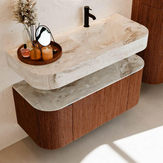 MONDIAZ THOR-DLUX 110cm meuble de salle de bains arrondi gauche + droite couleur Ruby avec 1 tiroir et 2 portes. Vasque suspendue CLOUD Droite 1 trou de robinet couleur Frappe.