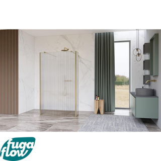 FugaFlow Eccelente Vetro Vrijstaande inloopdouche badkamer - 90x200cm - Helder geribbeld - antikalk - 8mm veiligheidsglas - met wandarmen - Messing geborsteld (goud) -