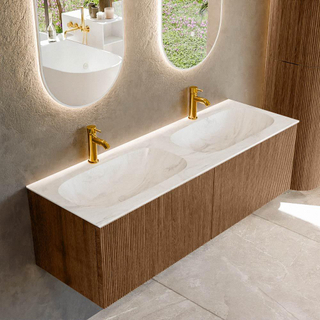 MONDIAZ KURVE-DLUX 140cm Meuble salle de bain - couleur Walnut - 2 tiroirs - vasque STOR SMALL double - 2 trous de robinet - couleur Ostra