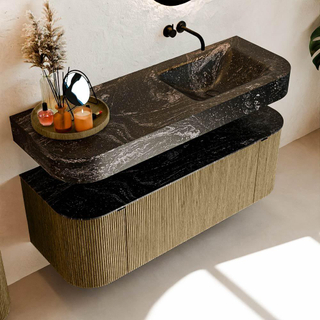 MONDIAZ THOR-DLUX Meuble de salle de bains 130cm arrondi gauche + droite couleur Dusk avec 1 tiroir et 2 portes. Vasque suspendue CLOUD Droite sans trou de robinet couleur Lava.