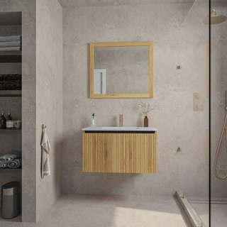 Adema Holz Ensemble meuble salle de bains - 80x45x45cm - 1 vasque en céramique blanche - 1 trou de robinet - 1 tiroir - miroir - Caramel