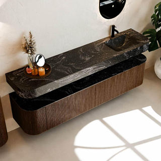 MONDIAZ THOR-DLUX 200cm meuble de salle de bains arrondi gauche + droite couleur Walnut avec 2 tiroirs et 2 portes. Vasque suspendue CLOUD droite 1 trou de robinet couleur Lava.