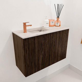 Mondiaz JOYA-DLUX 60cm toiletmeubel - kleur Walnut - Wastafel FAYE positie Links 1 kraangat kleur Nata.