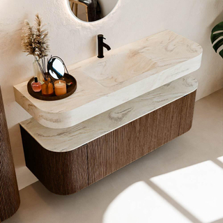 MONDIAZ THOR-DLUX 140cm badmeubel ronding links + rechts kleur Walnut met 1 lade en 2 deuren. Vrijhangende wastafel CLOUD Midden 1 kraangat kleur Ostra.