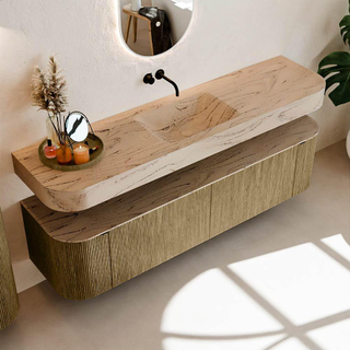 MONDIAZ THOR-DLUX 180cm meuble de salle de bains arrondi gauche + droite couleur Dusk avec 2 tiroirs et 2 portes. Vasque suspendue CLOUD Centre sans trou de robinet couleur Arena.