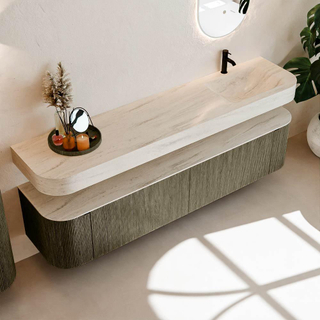 MONDIAZ THOR-DLUX 200cm meuble de salle de bains arrondi gauche + droite couleur Shadow avec 2 tiroirs et 2 portes. Vasque suspendue CLOUD Droite 1 trou de robinet couleur Meli.