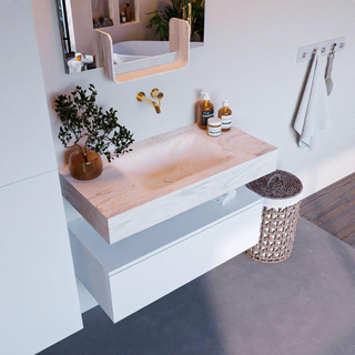 Mondiaz ALAN-DLUX Ensemble de meuble - 90cm - meuble Talc mat - 1 tiroir - Lavabo Cloud Ostra suspendu - vasque Centre - 0 trous de robinet