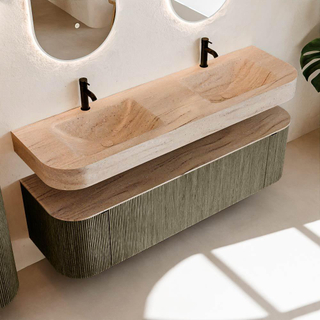 MONDIAZ THOR-DLUX 160cm meuble de salle de bains arrondi gauche + droite couleur Shadow avec 1 tiroir et 2 portes. Vasque suspendue CLOUD Double 2 trous de robinet couleur Saba.