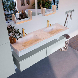 Mondiaz ALAN-DLUX Ensemble de meuble - 150cm - meuble Clay mat - 2 tiroirs - Lavabo Cloud Opalo suspendu - vasque Gauche et droite - 2 trous de robinet