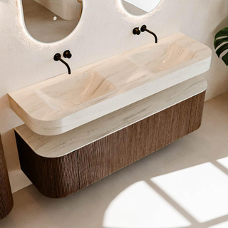 MONDIAZ THOR-DLUX 160cm meuble de salle de bains arrondi gauche + droite couleur Walnut avec 1 tiroir et 2 portes. Vasque suspendue CLOUD Double sans trou de robinet couleur Meli.