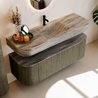 MONDIAZ THOR-DLUX 140cm meuble de salle de bains arrondi gauche + droite couleur Shadow avec 1 tiroir et 2 portes. Vasque suspendue CLOUD Milieu 1 trou de robinet couleur Oza.