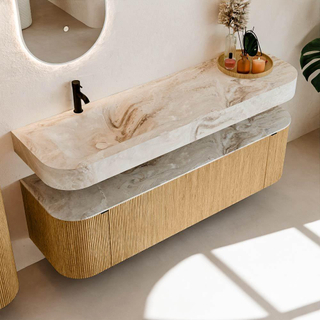 MONDIAZ THOR-DLUX 160cm meuble de salle de bains arrondi gauche + droite couleur Oak avec 1 tiroir et 2 portes. Vasque suspendue CLOUD gauche 1 trou de robinet couleur Frappe.