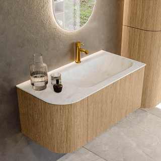 MONDIAZ KURVE-DLUX 95cm Meuble salle de bain avec module 25 G - couleur Oak - 1 tiroir - 1 porte - vasque BIG SMALL droite - 1 trou de robinet - couleur Opalo