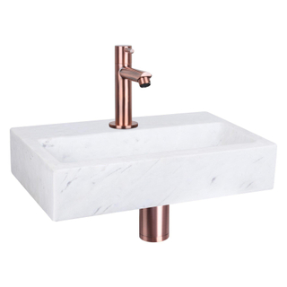 Differnz Flat Set lave-mains 38x24x8cm 1 trou avec robinet droit et siphon + bonde cuivre rose Rectangulaire Marbre Blanc