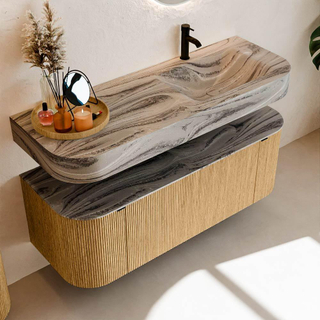 MONDIAZ THOR-DLUX 130cm meuble de salle de bains arrondi gauche + droite couleur Oak avec 1 tiroir et 2 portes. Vasque suspendue CLOUD Droite 1 trou de robinet couleur Sombra.