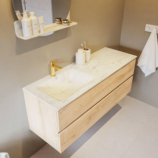 Mondiaz VICA-DLUX ensemble de meuble de salle de bain - 130cm - meuble sous-vasque chêne blanchi - 2 tiroirs - lavabo encastré cloud gauche - 1 trou de robinet - version haute de 60cm - opalo