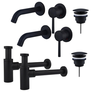 FugaFlow Eccelente Sobrado Slim Kit robinet lavabo - pour double vasque - robinet rehaussé - bonde non-obturable - siphon design - Noir mat