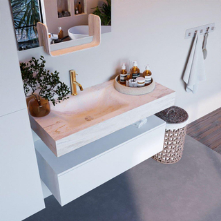 Mondiaz ALAN-DLUX Ensemble de meuble - 100cm - meuble Talc mat - 1 tiroir - Lavabo Cloud Ostra suspendu - vasque Gauche - 1 trou de robinet