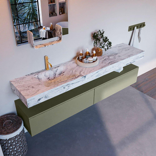 Mondiaz ALAN-DLUX Ensemble de meuble - 200cm - meuble Army mat - 2 tiroirs - Lavabo Cloud Glace suspendu - vasque Gauche - 1 trou de robinet