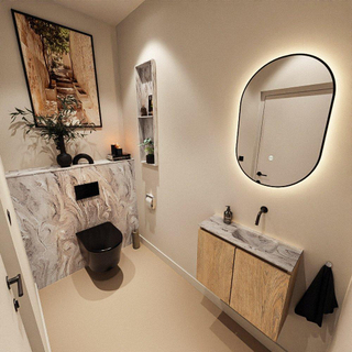 MONDIAZ TURE-DLUX Meuble toilette - 60cm - Washed Oak - EDEN - vasque Glace - position droite - sans trou de robinet