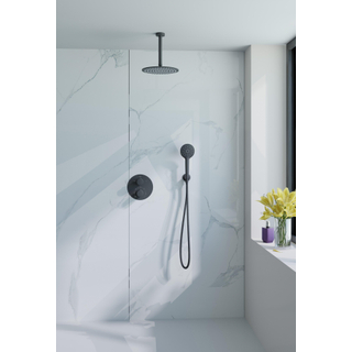 Fortifura Calvi Ensemble de douche à l'italienne - rond - thermostatique - bras plafond - douche principale de 25 cm - douchette ronde - flexible lisse - noir mat