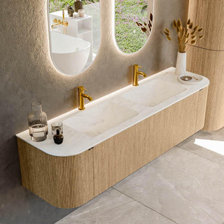 MONDIAZ KURVE-DLUX 170cm Meuble salle de bain avec module 25 G et D - couleur Oak - 1 tiroir - 2 portes - vasque LEAF double - 2 trous de robinet - couleur Opalo