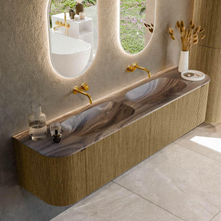 MONDIAZ KURVE-DLUX 190cm badmeubel ronding Links + Rechts kleur Dusk met 2 lades en 2 deuren. Wastafel STOR SMALL Dubbel zonder kraangat Sombra.