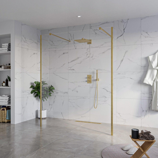 FugaFlow Eccelente Vetro Vrijstaande inloopdouche badkamer - 160x200cm - Helder - antikalk - 8mm veiligheidsglas - 2 zijwanden 40cm - met wandarmen en hoekprofielen - Messing geborsteld (goud) -