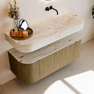 MONDIAZ THOR-DLUX 120cm meuble de salle de bains arrondi gauche + droite couleur Dusk avec 1 tiroir et 2 portes. Vasque suspendue CLOUD Droite sans trou de robinet couleur Nata.