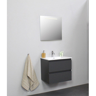 Basic Bella Badkamermeubelset - 60x55x46cm - 1 wasbak - Keramiek - Wit - 1 kraangat - Wandspiegel met verlichting - Spaanplaat Antraciet mat