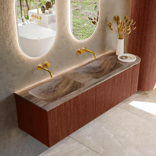 MONDIAZ KURVE-DLUX 155cm badmeubel ronding Rechts kleur Ruby met 2 lades en 1 deur. Wastafel LEAF Dubbel / Links zonder kraangat Oza.