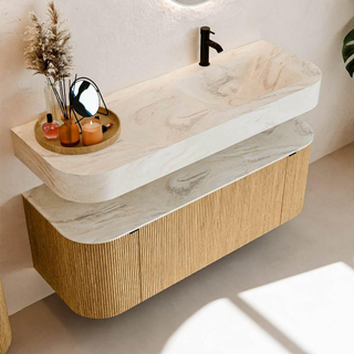 MONDIAZ THOR-DLUX 130cm meuble de salle de bains arrondi gauche + droite couleur Oak avec 1 tiroir et 2 portes. Vasque suspendue CLOUD Droite 1 trou de robinet couleur Ostra.