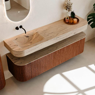 MONDIAZ THOR-DLUX 170cm meuble de salle de bains arrondi gauche + droite couleur Ruby avec 1 tiroir et 2 portes. Vasque suspendue CLOUD gauche sans trou de robinet couleur Arena.