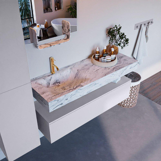 Mondiaz ALAN-DLUX Ensemble de meuble - 130cm - meuble Cale mat - 1 tiroir - Lavabo Cloud Glace suspendu - vasque Gauche - 1 trou de robinet