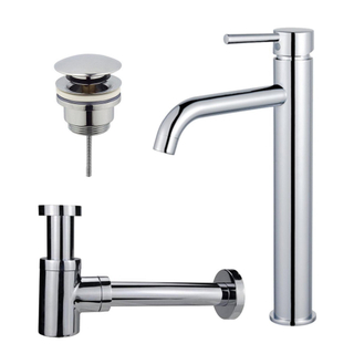 FugaFlow Eccelente Sobrado Kit mitigeur lavabo - robinet rehaussé - bonde clic clac - siphon design bas - Chrome brillant