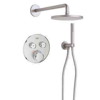 Grohe - Adema Rise Ensemble de douche pluie - rond - coude mural avec support de douchette - flexible de douche lisse - douchette à main barre - bras mural - pomme de douche 25 cm - thermostat encastré Grohe SmartControl - chrome