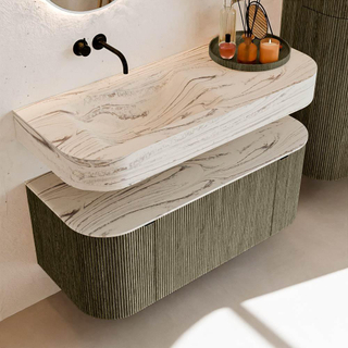 MONDIAZ THOR-DLUX 110cm meuble de salle de bains arrondi gauche + droite couleur Shadow avec 1 tiroir et 2 portes. Vasque suspendue CLOUD Gauche sans trou de robinet couleur Nata.