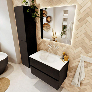 MONDIAZ VICA meuble sous lavabo 80cm Urban 2 tiroirs. Lavabo MOON central sans trou de robinet, couleur Talc.